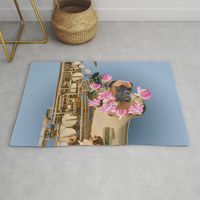 Saxophone Boxer with Lotos Flower Blossoms Rug