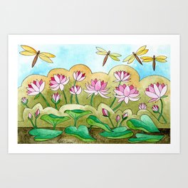 LISETTE DRAGONFLIES FLYING OVER PINK WATER LILIES Watercolor painting Art Print