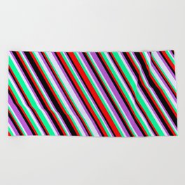 [ Thumbnail: Lavender, Green, Red, Black & Orchid Colored Lines/Stripes Pattern Beach Towel ]