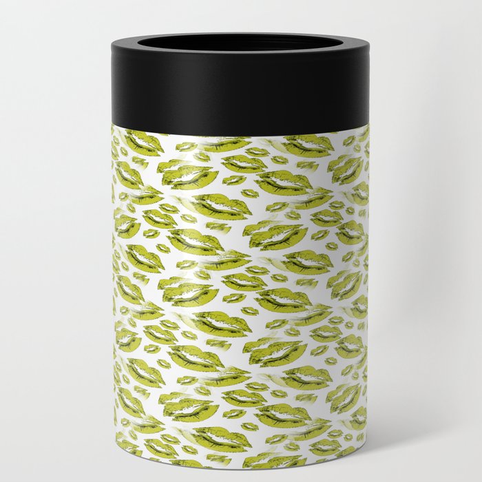 Two Kisses Collided Olive Green Lips Pattern On White Background Can Cooler