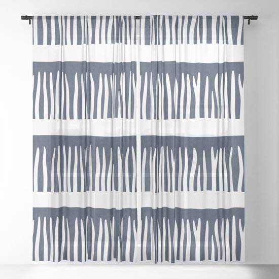 Abstract Blades Of Grass In Navy Blue Sheer Curtain By