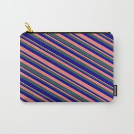 [ Thumbnail: Light Coral, Dark Slate Gray & Blue Colored Striped/Lined Pattern Carry-All Pouch ]