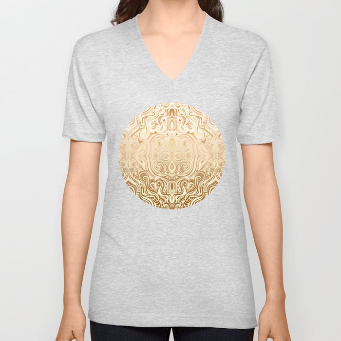 Tribal Swirl Pattern in Neutral Tan and Cream V Neck T Shirt