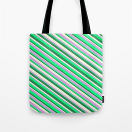 [ Thumbnail: Beige, Plum, Green, and Sea Green Colored Striped Pattern Tote Bag ]
