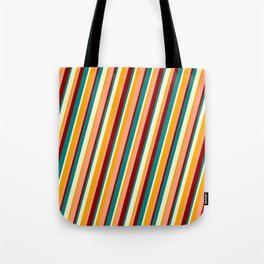 [ Thumbnail: Colorful Orange, Light Salmon, Dark Red, Teal & Light Yellow Colored Lines Pattern Tote Bag ]