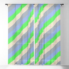 [ Thumbnail: Tan, Light Slate Gray, Cornflower Blue & Lime Colored Striped Pattern Sheer Curtain ]
