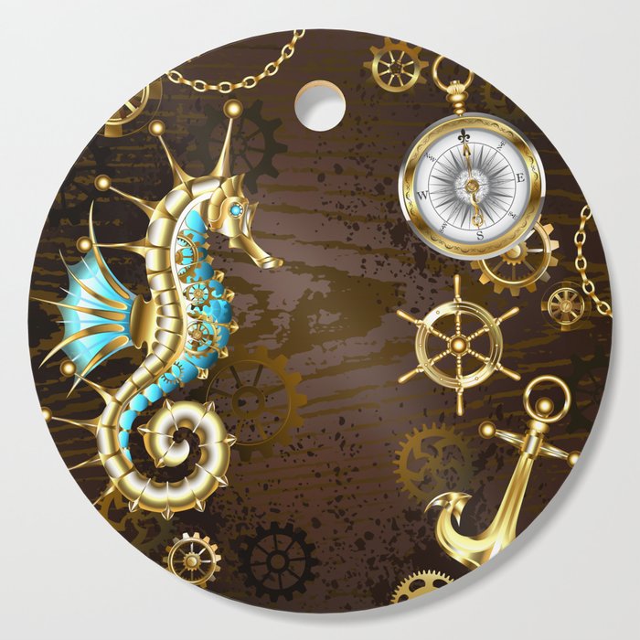 Wooden Background with Mechanical Seahorse ( Steampunk ) Cutting Board
