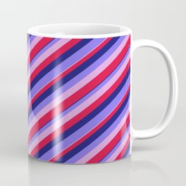 [ Thumbnail: Midnight Blue, Medium Slate Blue, Plum & Crimson Colored Stripes/Lines Pattern Coffee Mug ]