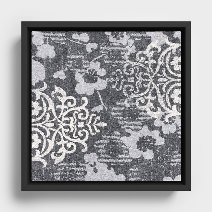 Floral Glam Damask Distressed Charcoal / Ivory Framed Canvas