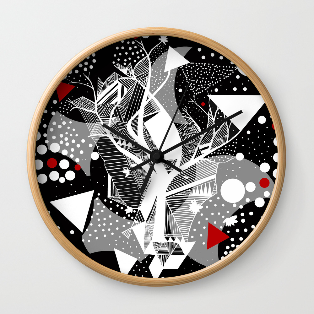 Black And White Abstract With Touch Of Red Wall Clock By