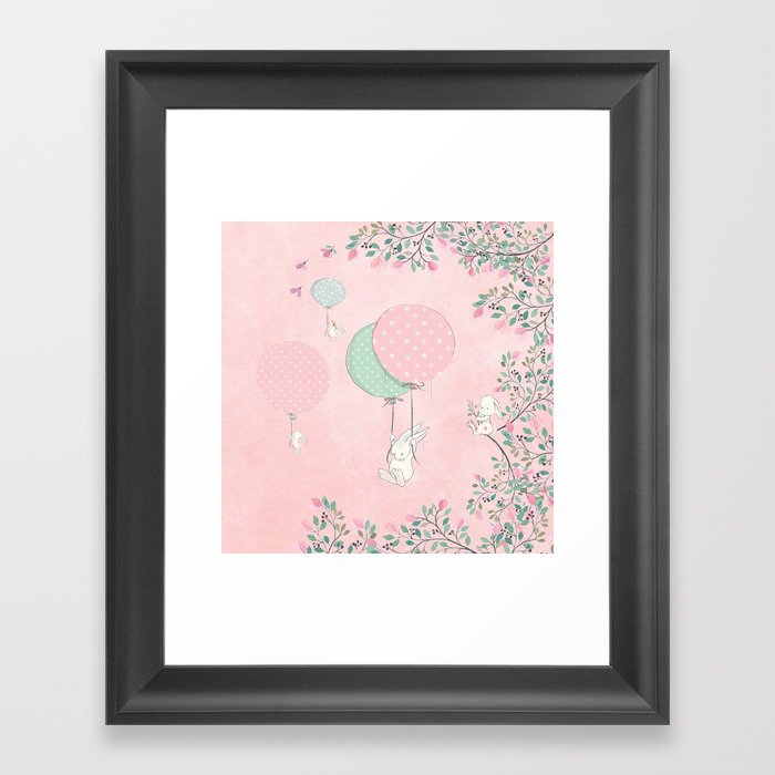 Cute flying Bunny with Balloon and Flower Rabbit Animal on pink floral background Framed Art Print