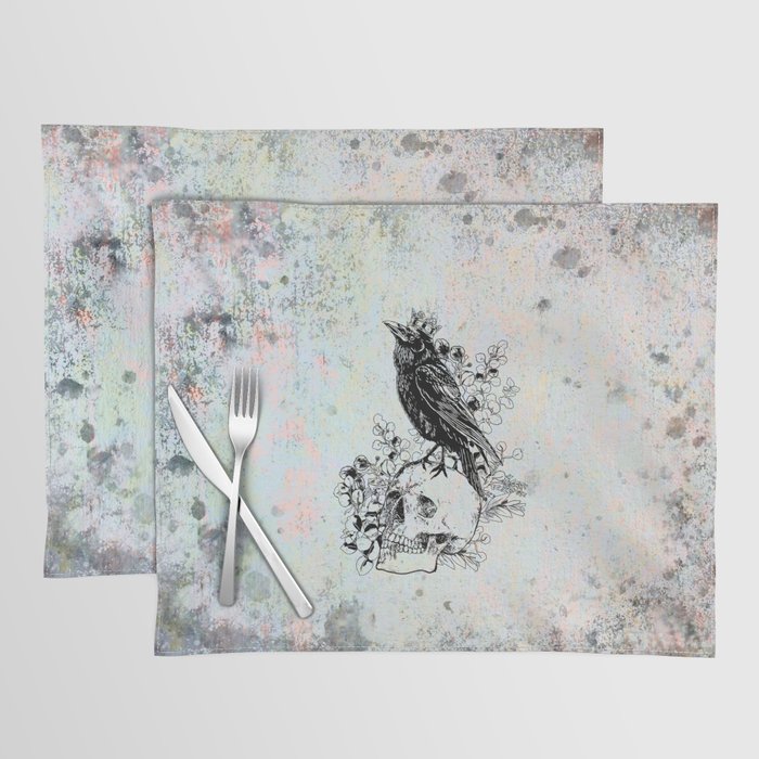 Black raven with skull and crow, skeleton eucaliptus leaves, black and white Placemat