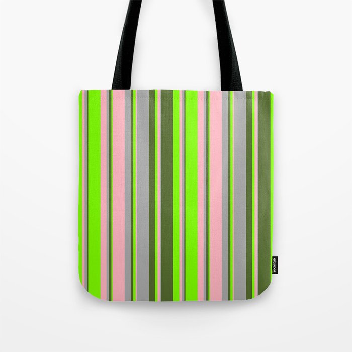 Light Pink, Dark Grey, Dark Olive Green, and Chartreuse Colored Lines/Stripes Pattern Tote Bag