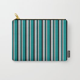 [ Thumbnail: Grey, Dark Cyan & Black Colored Lined Pattern Carry-All Pouch ]