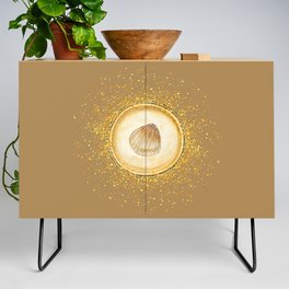 Watercolor Seashell Gold Circle Pendant on Gold Brown Credenza