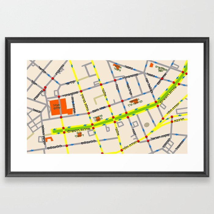 Tel Aviv map - Rothschild Blvd. Hebrew Framed Art Print