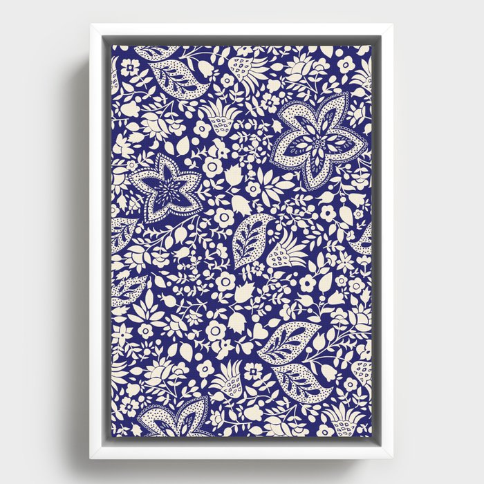 Blossoms and leaves solid royal blue Framed Canvas
