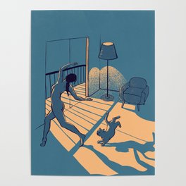 Dancing with the cat | Blue Moody sunset light and shadows Aesthetic room | Naked dance Femme Fatale Poster