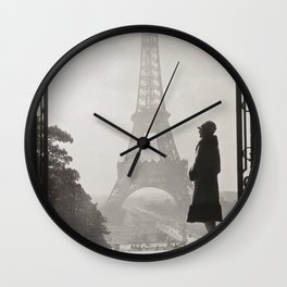 1920 Woman at the Gate, Eiffel Tower black and white photography / jazz age black & white photograph Wall Clock