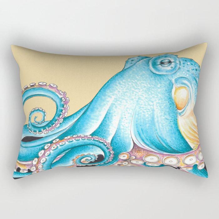 Blue Octopus on Yellow Ink Art Nautical Marine Rectangular Pillow