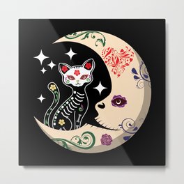 Muertos Day Of Dead Sugar Skull Cat Moon Metal Print