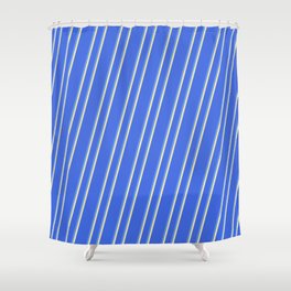 [ Thumbnail: Royal Blue, Cornflower Blue & Pale Goldenrod Colored Lined Pattern Shower Curtain ]