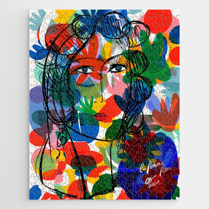 La femme aux fleurs portrait pop abstract by Emmanuel Signorino Jigsaw Puzzle
