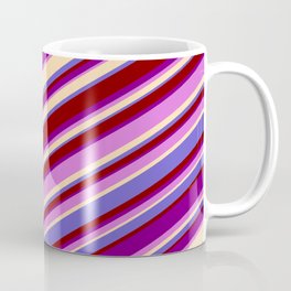 [ Thumbnail: Eyecatching Purple, Orchid, Tan, Slate Blue & Maroon Colored Lined Pattern Coffee Mug ]