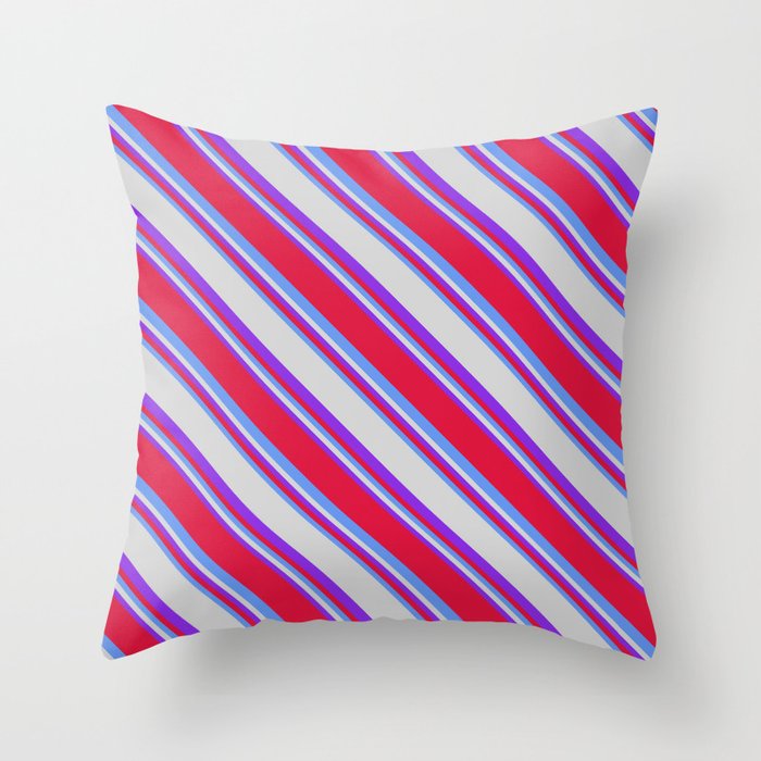 Purple, Crimson, Cornflower Blue, and Light Grey Colored Lined/Striped Pattern Throw Pillow
