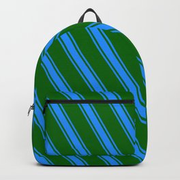 [ Thumbnail: Dark Green and Blue Colored Lines Pattern Backpack ]