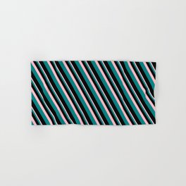 [ Thumbnail: Pink, Teal, and Black Colored Lined/Striped Pattern Hand & Bath Towel ]