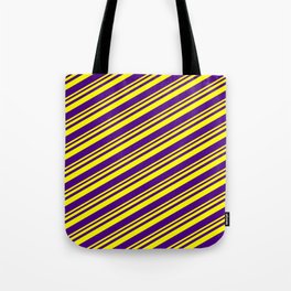 [ Thumbnail: Yellow and Indigo Colored Lines/Stripes Pattern Tote Bag ]