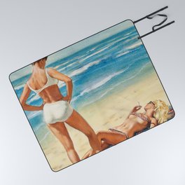 Pagan Beach, California Blond Sunbathing in Bikini with a Karen looking on portrait painting by Paul Rader Picnic Blanket
