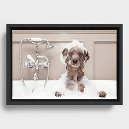 Funny Dog Taking Bubble Bath Framed Canvas