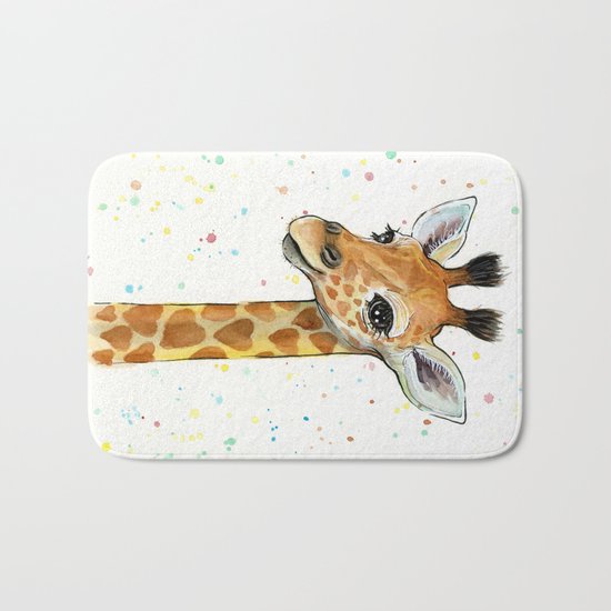 Baby Giraffe Nursery Print Watercolor Animal Portrait Hearts Bath Mat By Nursery Art Prints Society6