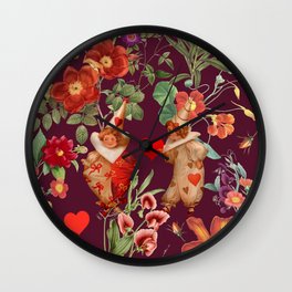 Valentine's Day in the Blooming Rose Garden - Burgundy Wall Clock | Burgundy, Joker, Pattern, Spring, Illustration, Love, Lush, Rose, Hearts, Dark 
