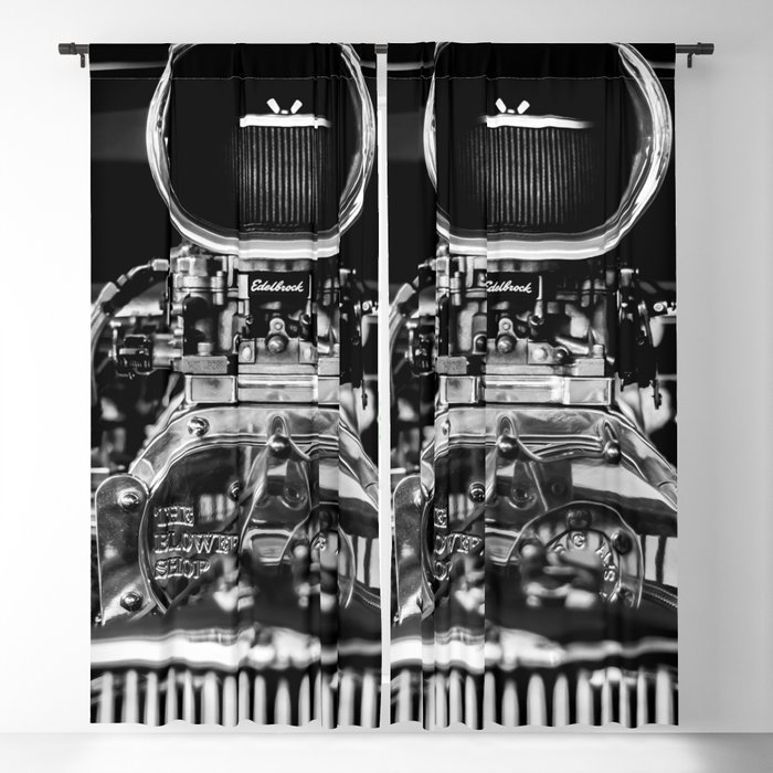 GRAYSCALE PHOTOGRAPHY OF VINTAGE CAR ENGINE Blackout Curtain