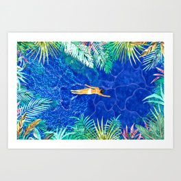 Tropical Jungle Pool | Forest Pop of Color Botanical | Travel Wild Plants Eclectic Watercolor Swim  Art Print