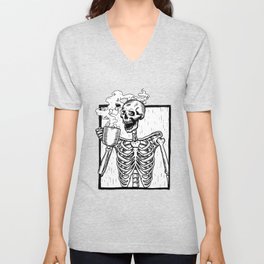 Skeleton Drinking a Cup of Coffee V Neck T Shirt