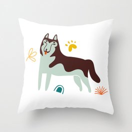 Cute funny husky dog pet cartoon illustration Throw Pillow