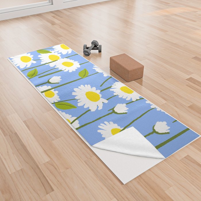 Retro Modern Daisy Flowers On Blue Yoga Towel