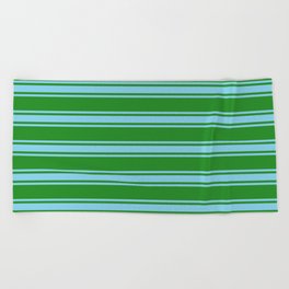 [ Thumbnail: Forest Green and Sky Blue Colored Lined/Striped Pattern Beach Towel ]
