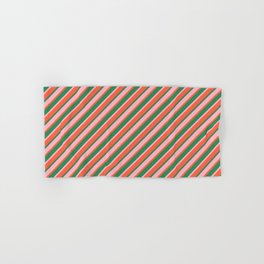[ Thumbnail: Sea Green, Light Pink, and Red Colored Lined/Striped Pattern Hand & Bath Towel ]