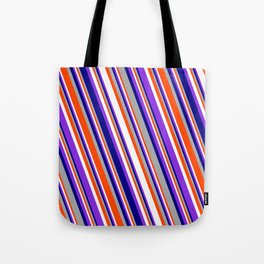 [ Thumbnail: Eyecatching Blue, Dark Grey, Red, White, and Purple Colored Stripes/Lines Pattern Tote Bag ]