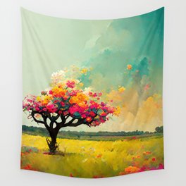 Tree with Colorful Flowers Wall Tapestry