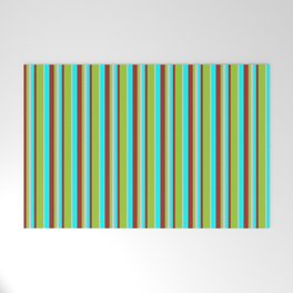 [ Thumbnail: Aqua, Brown, Green & Light Grey Colored Striped Pattern Welcome Mat ]