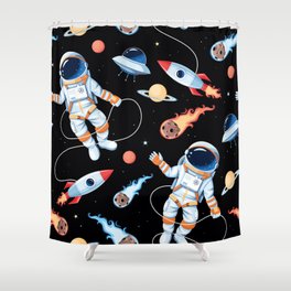 Seamless pattern with astronaut and rocket Shower Curtain