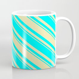 [ Thumbnail: Pale Goldenrod and Cyan Colored Striped/Lined Pattern Coffee Mug ]