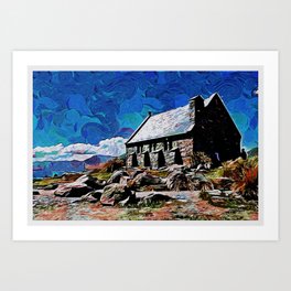 Heaven On Earth - Landscape Vista - shepherd's chapel, new zealand after Van Gogh Impressionist painting by Ahmet Asar Art Print | Watercolor, Aerosol, Painting, Digital 