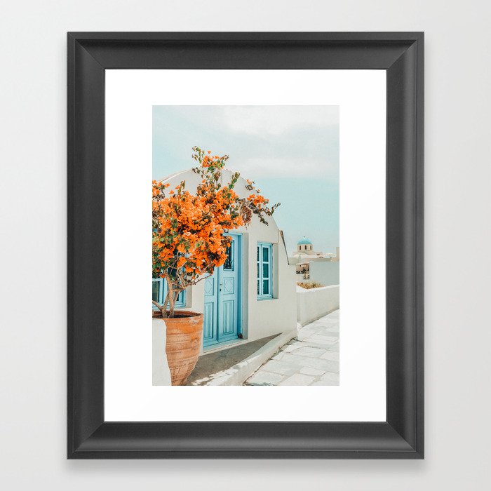 Greece Airbnb, Greece Photography Travel Digital Art, Scenic Landscape Architecture, White Building Framed Art Print